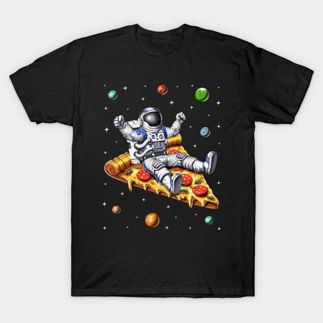 Astronaut Riding Pizza Slice T-Shirt by underheaven